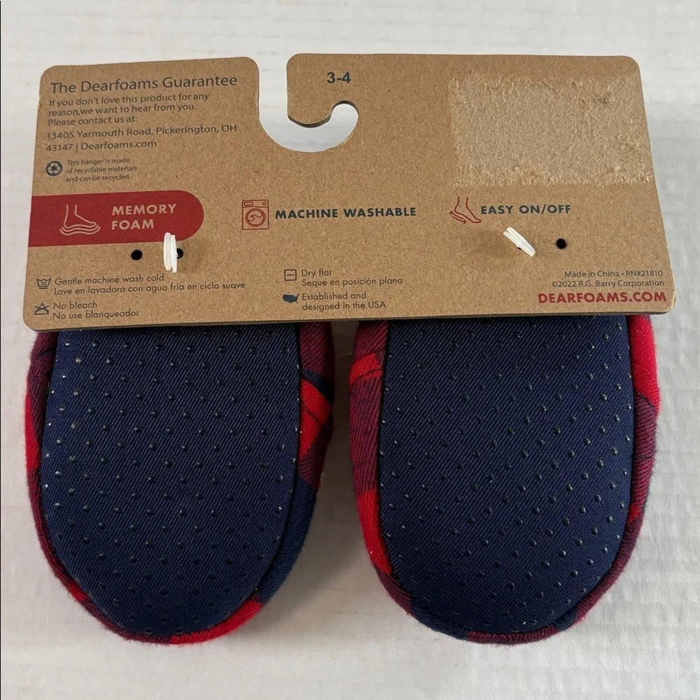 Dearfoams Baby Bear Red Blue Plaid Baby Slippers Memory Foam Size 3/4
